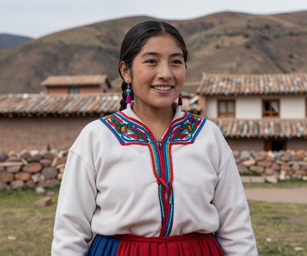 Elegant Peruvian woman in traditional dress showcasing the warmth and beauty characteristic of Peruvian brides